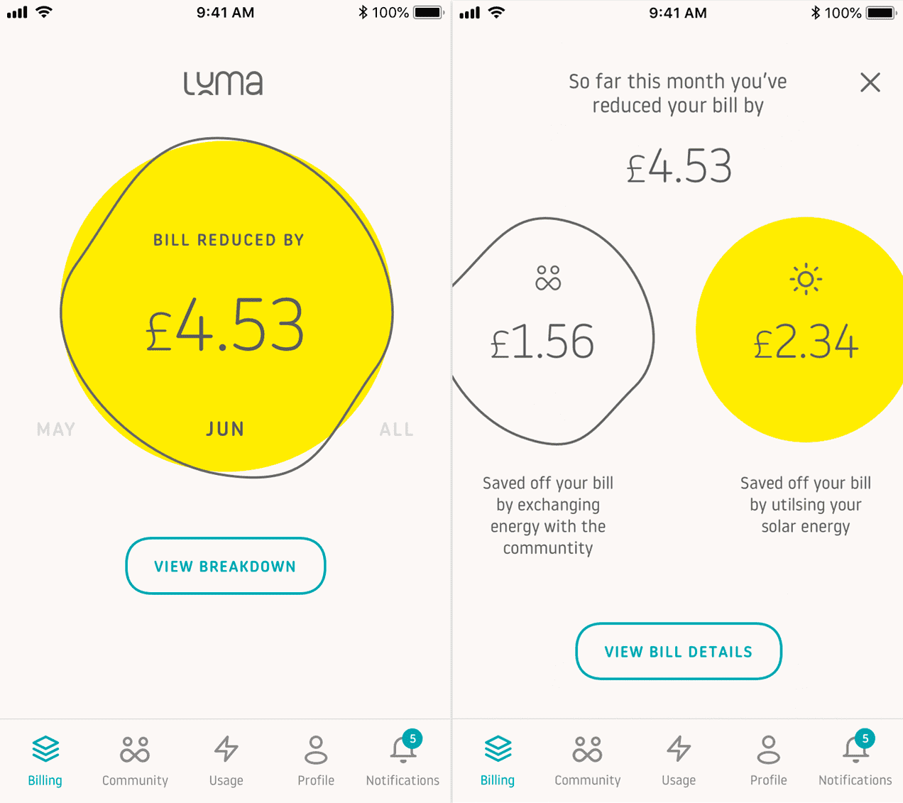 Initial designs for the Strala app home screens (originally named Luma)